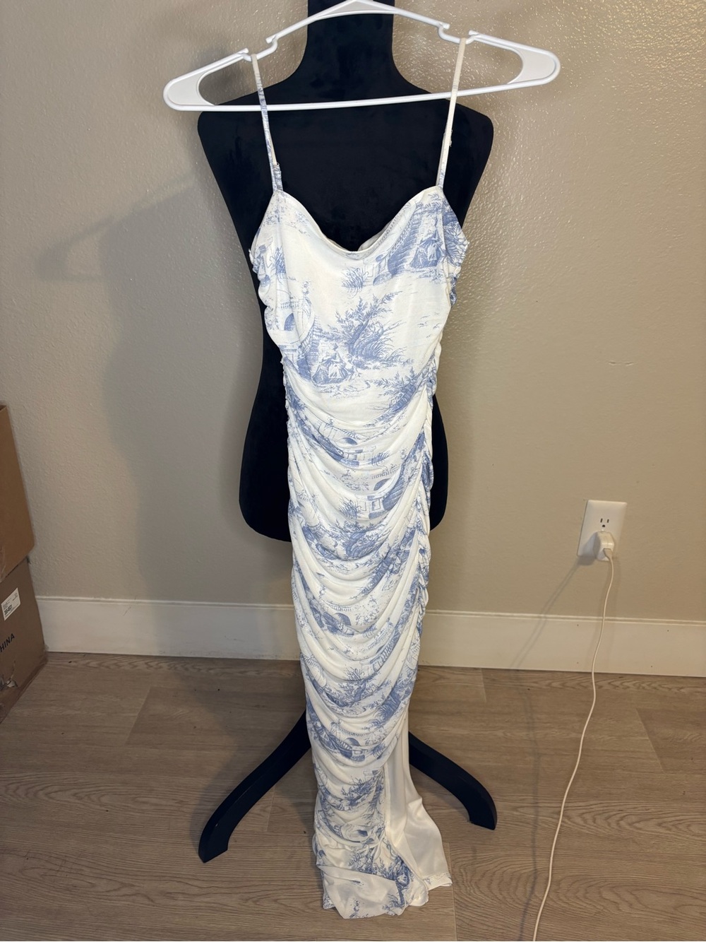 privy Blue and White Toile Ruched Slip Maxi Dress Size Small